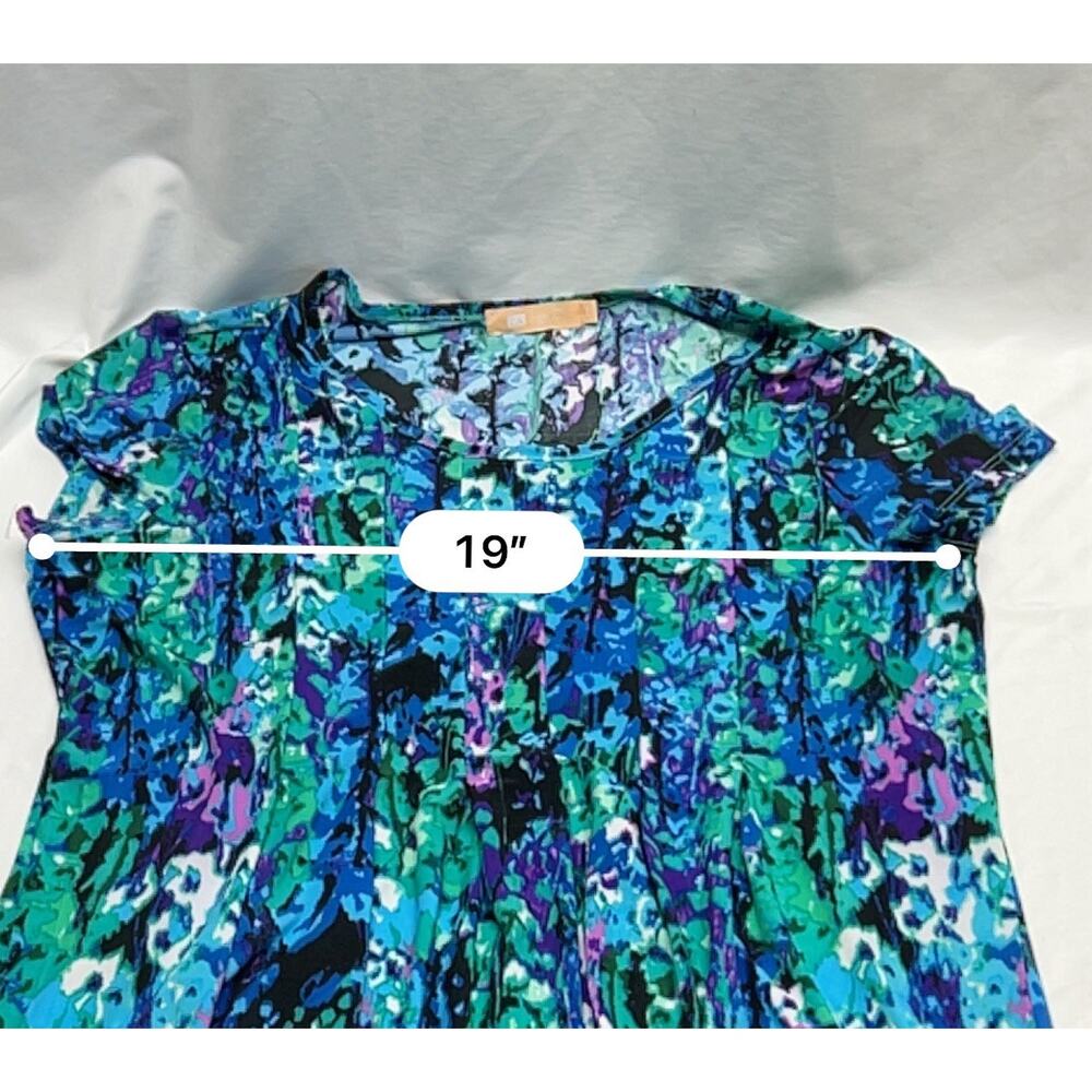La Cera Midi Dress Size L Pleated Waist Blue Purple Floral Print Round Neckline - Picture 7 of 8